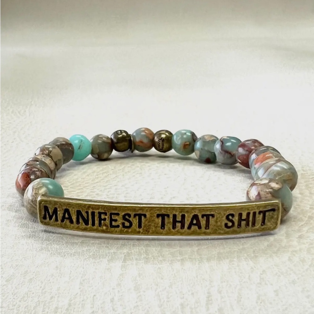 Manifest Semiprecious Stone Beaded Bracelet with Inspirational Message Bronze